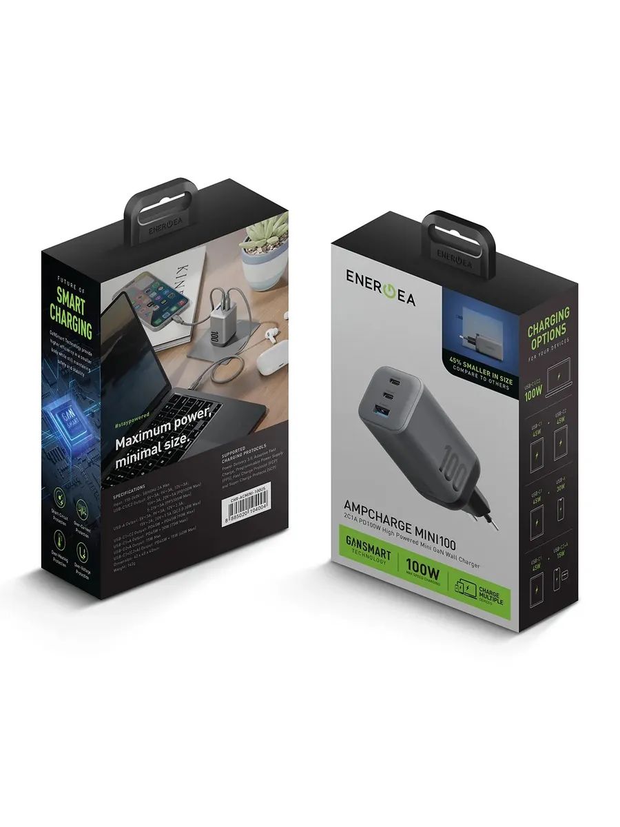 картинка Сетевая зарядка Energea AmpCharge Mini GaN100, 2USB-C PD100 + USB-A QC3.0 total 100W Gunmetal от магазина КомпьютерЦентр