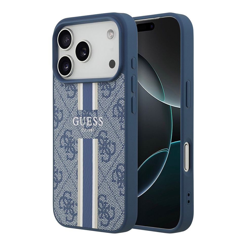 картинка Чехол Guess для iPhone 17 Pro Max PU 4G Stripes Hard Blue (MagSafe) от магазина КомпьютерЦентр