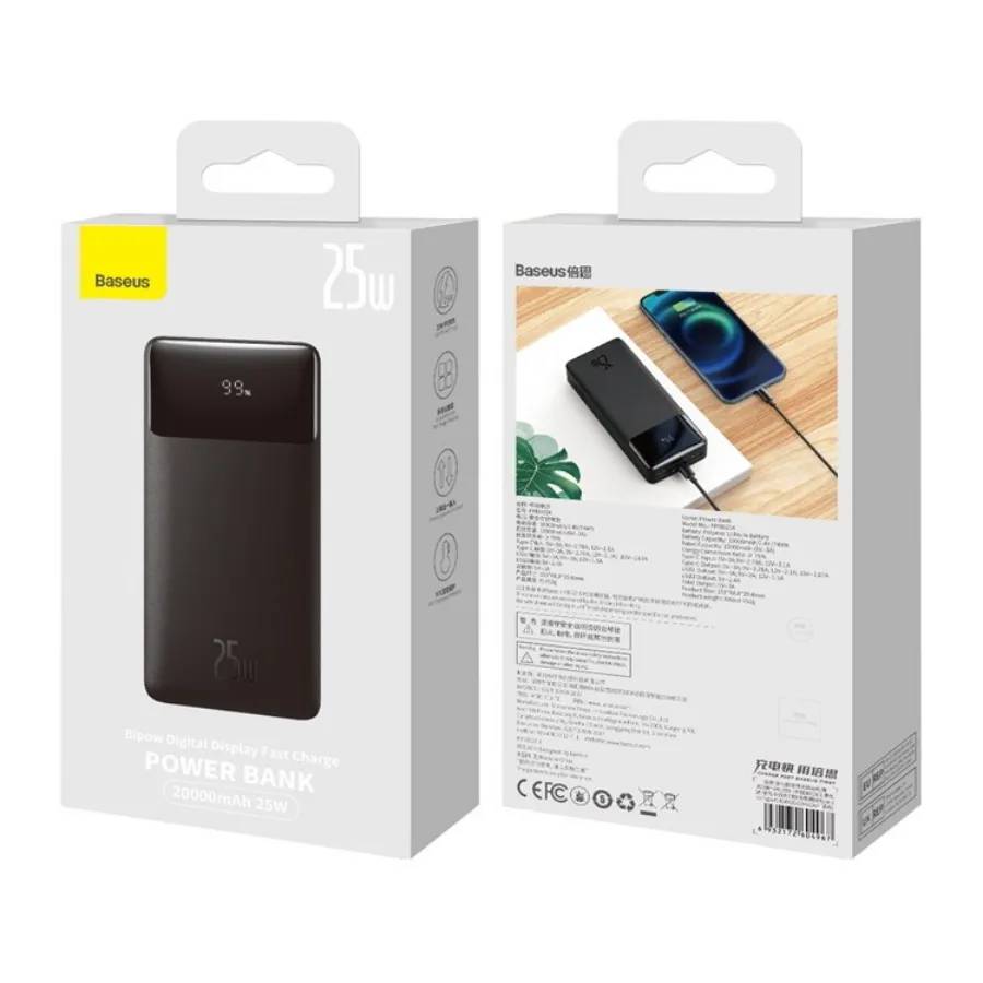 картинка Внешний аккумулятор Baseus Bipow Digital Display Fast Charge 20000mAh 25W Black (cable Type-C to Type-C) от магазина КомпьютерЦентр