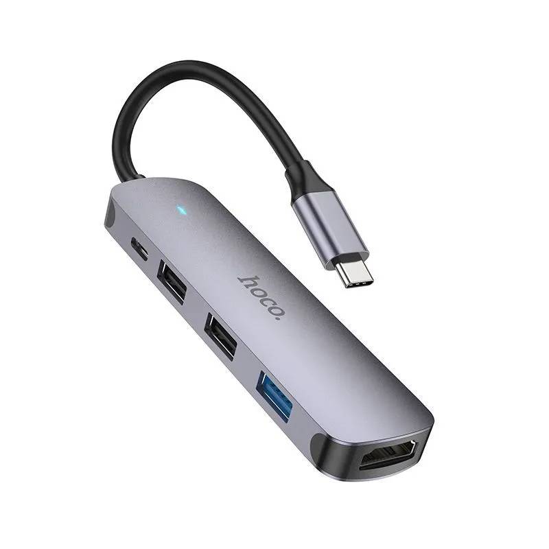 картинка USB HUB Hoco HB27 Type-C multi-function converter (HDTV+USB3.0+USB2.0*2+PD) metal gray от магазина КомпьютерЦентр