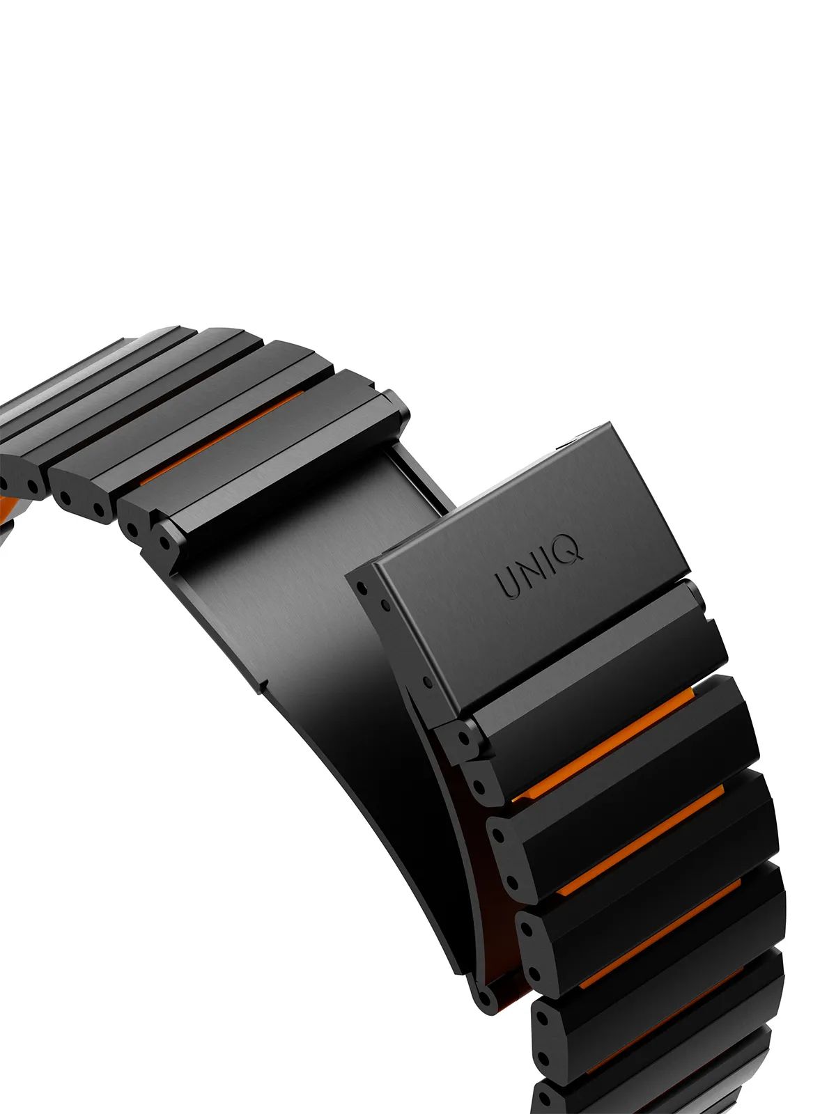 картинка Стальной ремень Uniq STROVA FLEX для Apple Watch 49/ 45/ 44/ 42, цвет черный/ оранжевый (MIDNIGHT BLACK/ VOLT ORANGE) от магазина КомпьютерЦентр