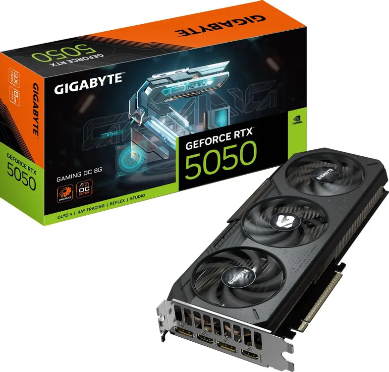 картинка Видеокарта 8Gb GDDR6 GeForce RTX 5050 Gigabyte GAMING OC, 128 бит, PCI-e 5.0, 2xHDMI, 2xDP, 2632 МГц (GV-N5050GAMING OC-8GD) от магазина КомпьютерЦентр