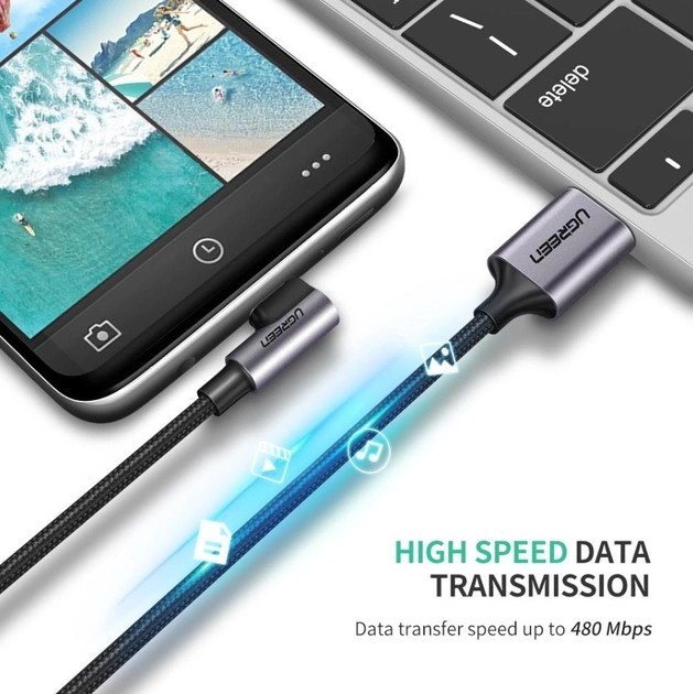 картинка Кабель Type-C 1m угловой USB 2.0 - USB Type-C, оплетка, QC 3.0, UGREEN US284 серый (50941) от магазина КомпьютерЦентр