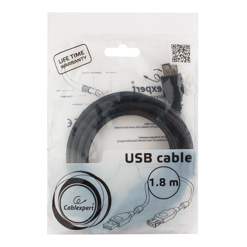 картинка Кабель USB 2.0 A->F 1.8m CCF2-USB2-AMAF-6, CablExpert, Pro экран, 2феррит.кольца, черный, пакет от магазина КомпьютерЦентр