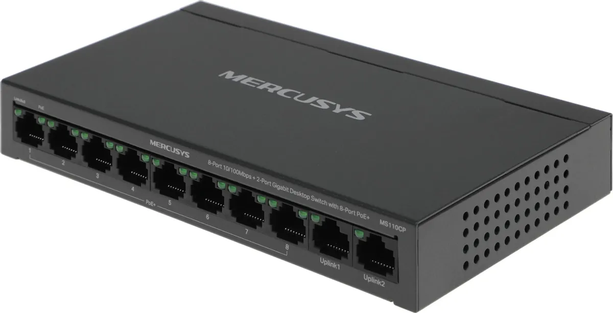 картинка Switch 8-port Mercusys MS110CP (L2) 8x100Мбит/ с 2x1Гбит/ с 8PoE+ 65W неуправляемый от магазина КомпьютерЦентр