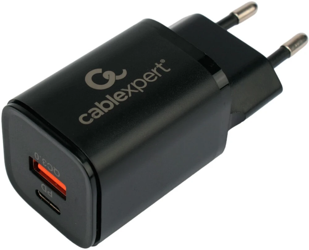 картинка Зарядное устройство Cablexpert MP3A-PC-43 сетевое 30Вт, 3А, быстрая зарядка QC3.0/ PD, 2 порта: USB и Type-C, черный, пакет от магазина КомпьютерЦентр