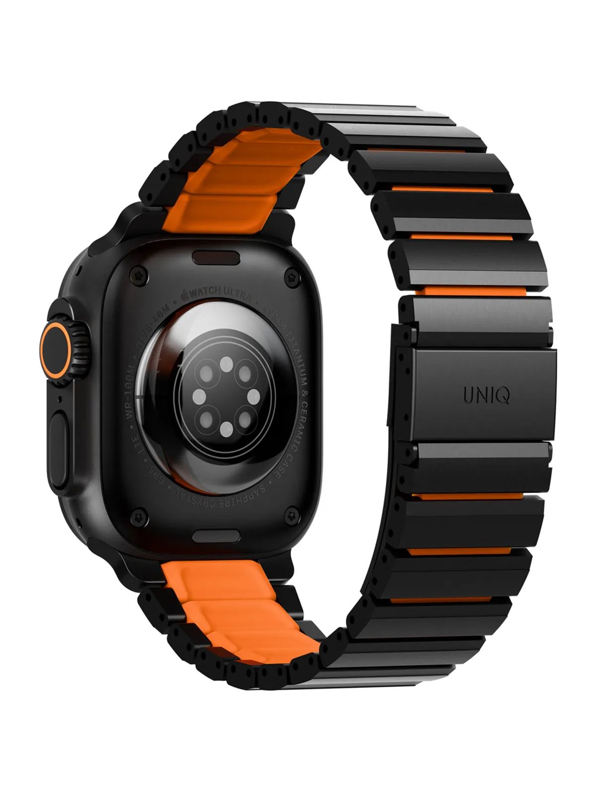 картинка Стальной ремень Uniq STROVA FLEX для Apple Watch 49/ 45/ 44/ 42, цвет черный/ оранжевый (MIDNIGHT BLACK/ VOLT ORANGE) от магазина КомпьютерЦентр