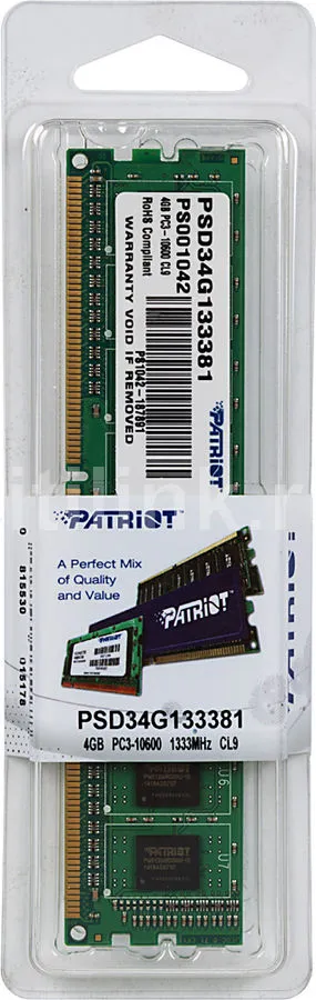 картинка DIMM DDR3 4Gb 1333MHz PC3-10600 Patriot (PSD34G133381) от магазина КомпьютерЦентр