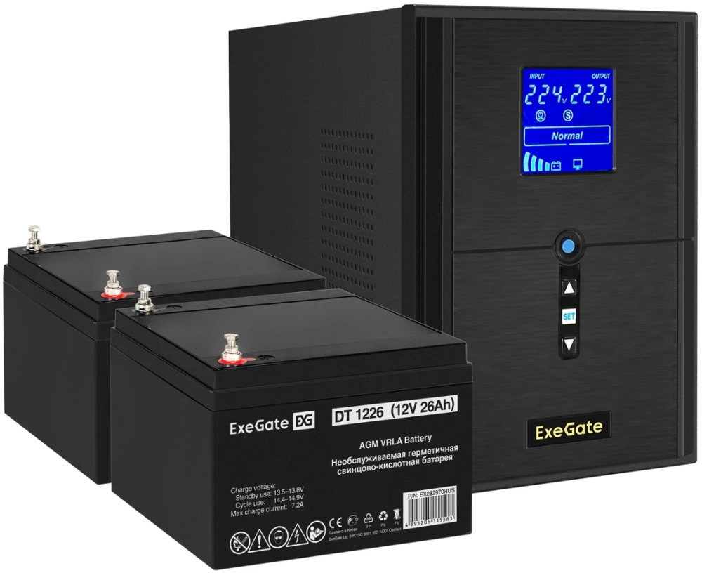 картинка Комплект ИБП EX295989RUS + батарея 33Aч EX282974RUS 2шт (инвертор, синус, для котла) ExeGate SineTower SZ-2000.LCD.AVR.3SH.1C13.USB 2000VA/ 1600W, чистый синусоида, LCD дисплей, AVR, 3*Schuko+1*C13, USB, линейно-интерактивный, Black + батарея ExeGate DT от магазина КомпьютерЦентр