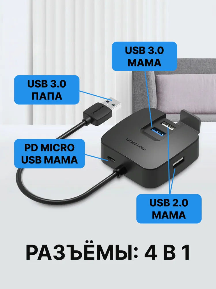 картинка HUB 4-port Vention (CHABD) USB2.0/ USB3.0 0.5m Black от магазина КомпьютерЦентр
