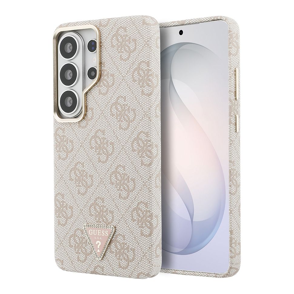 картинка Чехол Guess для Galaxy S26 Ultra PU 4G Triangle Diamond metal logo Gold camera Hard Pink (MagSafe) от магазина КомпьютерЦентр