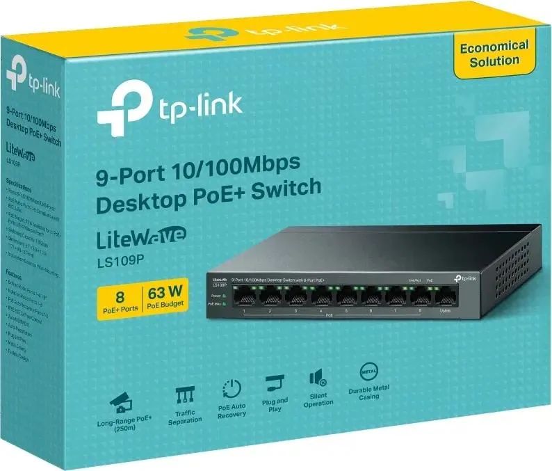 картинка Switch 9-port TP-Link LS109P с 9 портами 10/ 100 Мбит/ с (8 портов PoE+) настольный от магазина КомпьютерЦентр