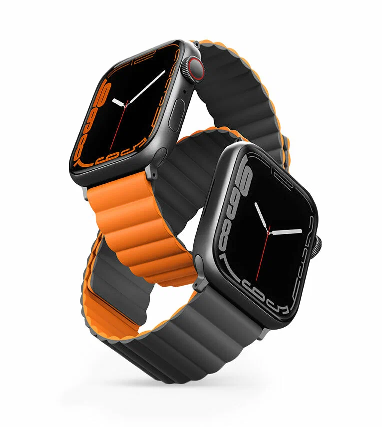картинка Ремень силиконовый Uniq REVIX для Apple Watch 49/ 45/ 44/ 42, цвет серый/ оранжевый (45MM-REVGRYORG) от магазина КомпьютерЦентр