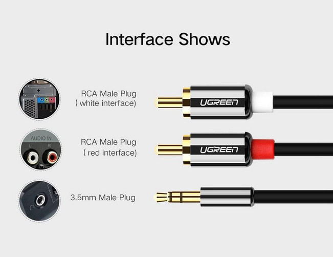 картинка Аудио кабель AUX Ugreen AV116 Aux Jack 3.5mm/ 2RCA, 2 м Black (10584) от магазина КомпьютерЦентр