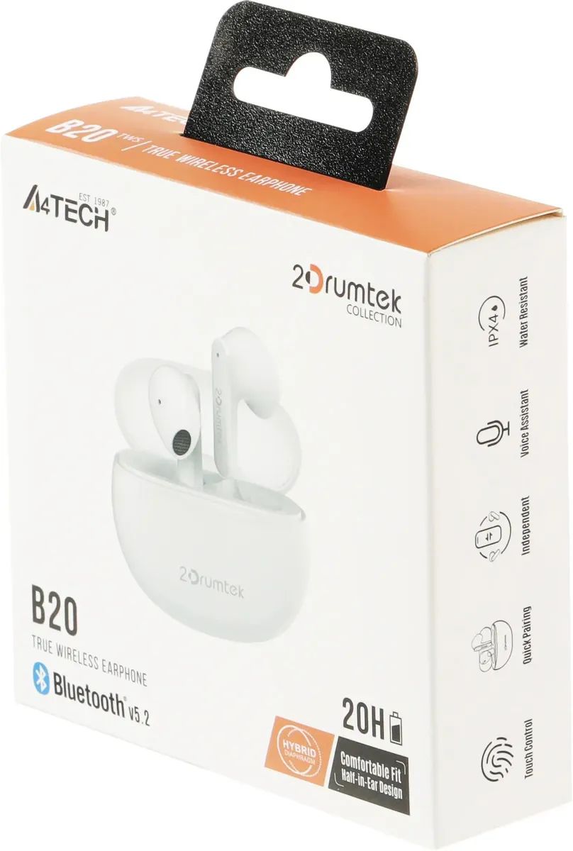 картинка Bluetooth гарнитура A4Tech 2Drumtek B20 TWS белый (B20 GRAYISH WHITE) от магазина КомпьютерЦентр
