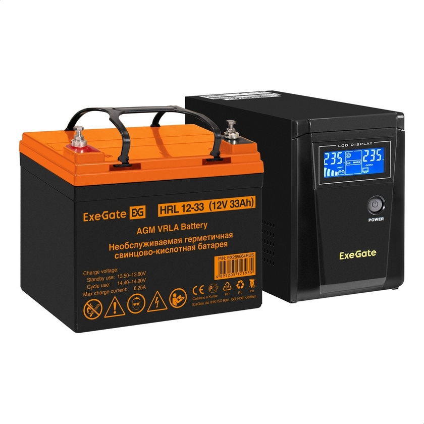 картинка Комплект (EX296769RUS) ИБП EX295986RUS + батарея 33Aч EX285664RUS 1шт (инвертор, синус, для котла) ExeGate SineTower SZ-600.LCD.AVR.1SH 600VA/ 360W, чистый синусоида, LCD дисплей, AVR, 1*Schuko, линейно-интерактивный, Black + батарея ExeGate HRL 12-33 от магазина КомпьютерЦентр