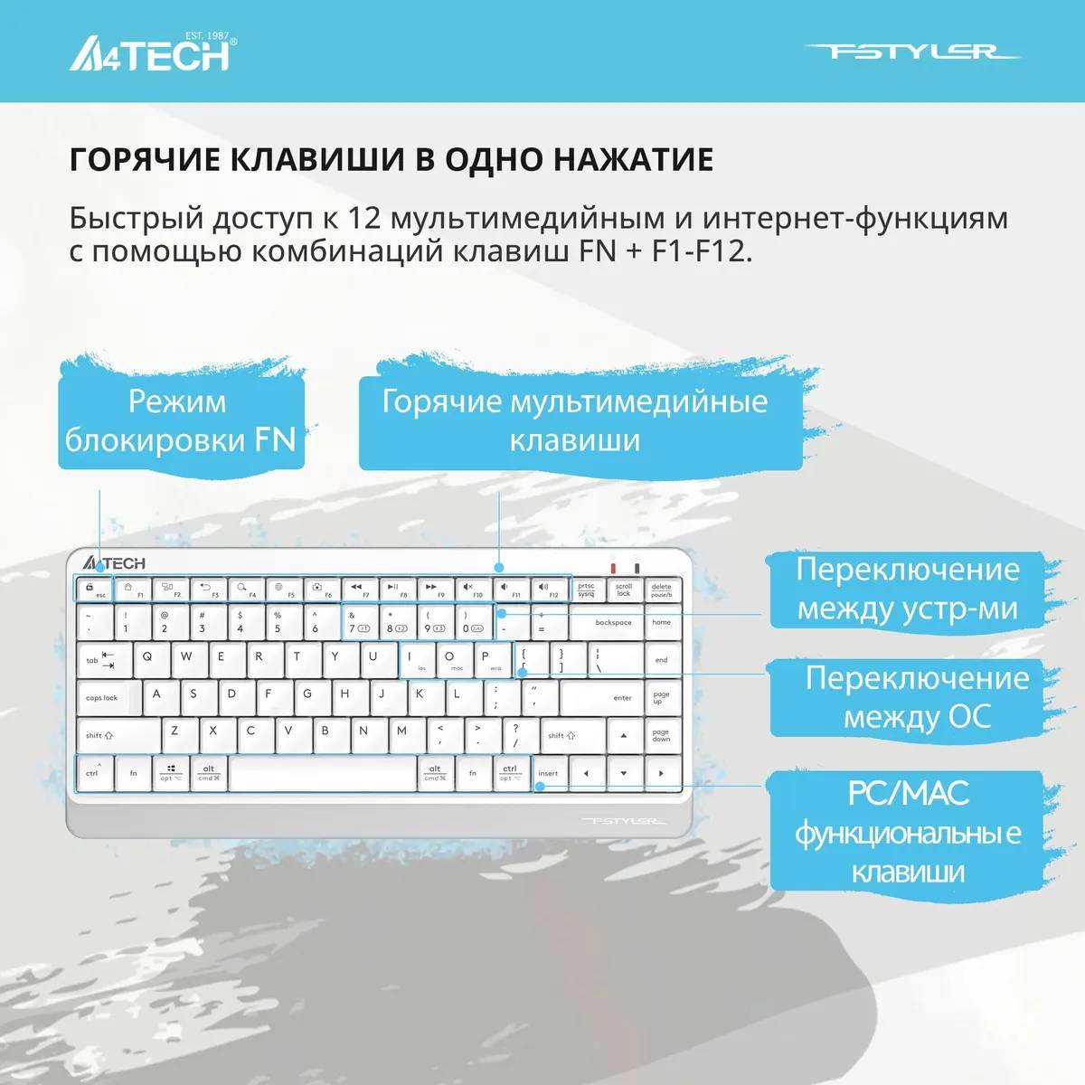 картинка Клавиатура A4Tech Fstyler FBK11 белый/ серый, slim (FBK11 WHITE) от магазина КомпьютерЦентр