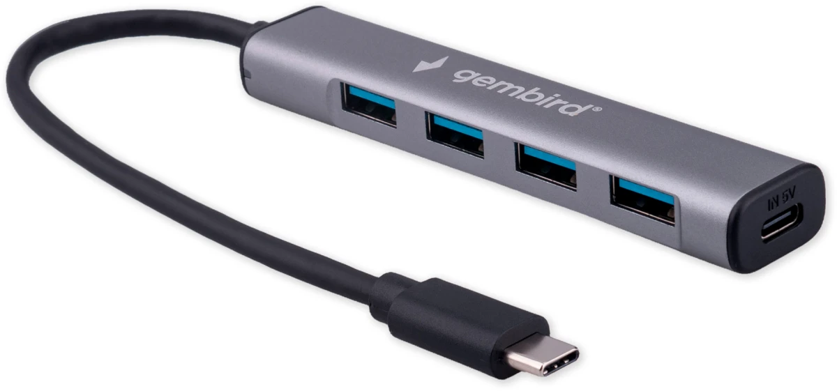 картинка HUB 4-port Gembird UHB-C474 USB 3.1, 4хUSB, с доп.питанием (порт Type-C), кабель Type-C 19см, алюминий, коробка (23159) от магазина КомпьютерЦентр