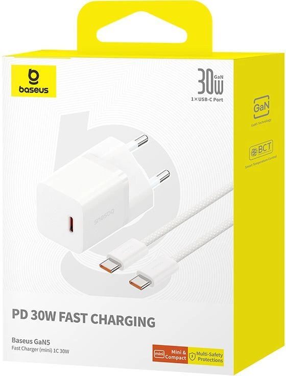 картинка СЗУ Baseus GaN5 Fast Charger(mini) 1C 30W EU Moon White (With Cable Type-C to Type-C 100W) от магазина КомпьютерЦентр