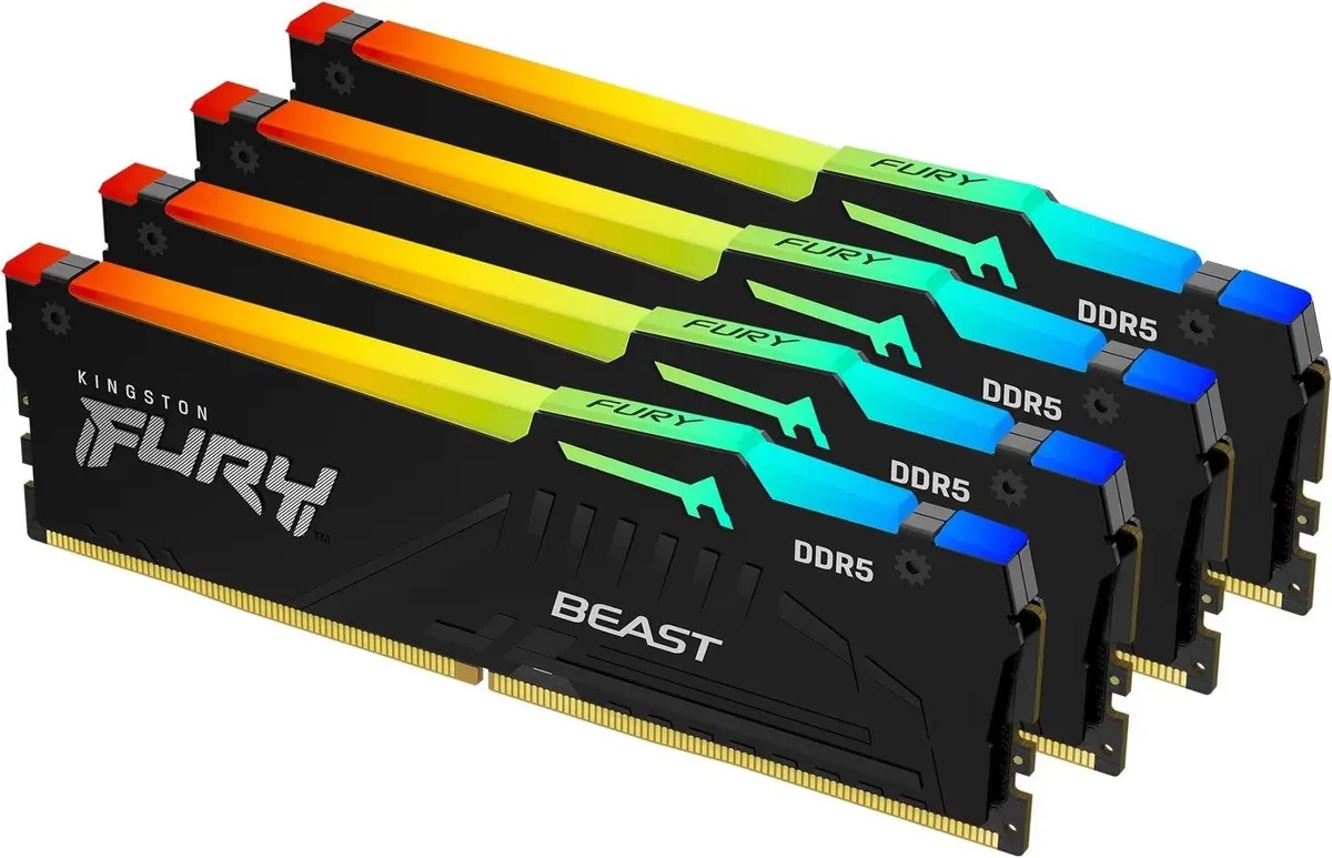 картинка DIMM DDR5 128Gb (4x32Gb) 5600MHz PC5-44800 Kingston Fury Beast Black CL40 1.25V радиатор, RGB (KF556C40BBAK4-128) от магазина КомпьютерЦентр