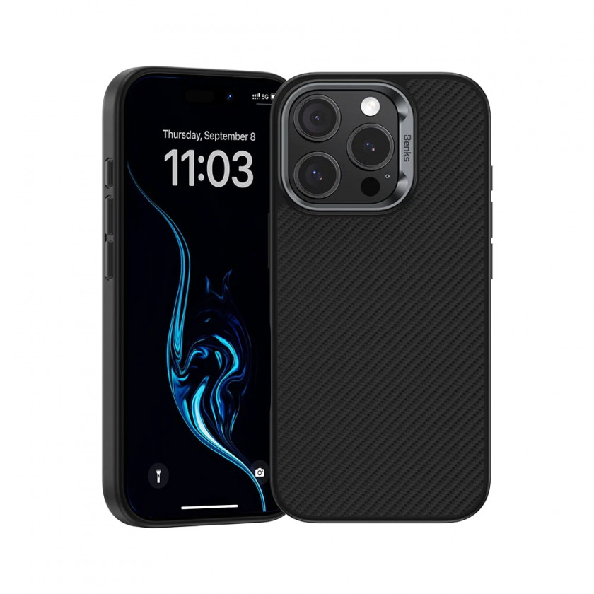 картинка Усиленный чехол с защитой кнопки Benks ArmorPro Case built with Kevlar 600D для iPhone 16 Pro 6.3'', цвет черный кевлар (Black) (C.K.FL.AP.BK.D065) от магазина КомпьютерЦентр