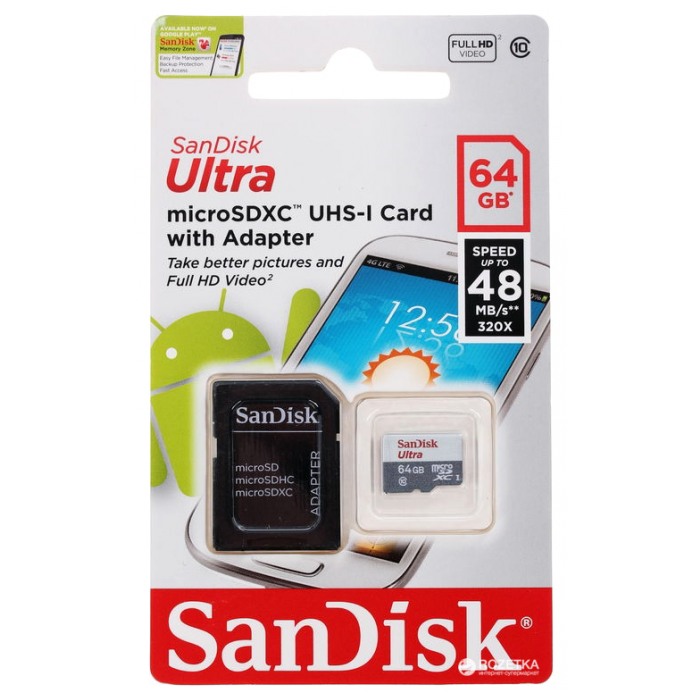 картинка Карта памяти SanDisk 64Gb microSDXC Class10 Ultra 80 + SD adapter (SDSQUNS-064G-GN3MA) от магазина КомпьютерЦентр
