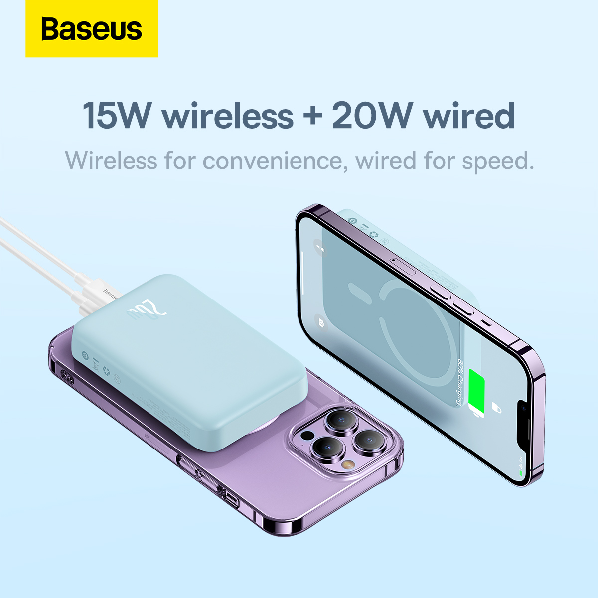 картинка Внешний аккумулятор Power bank Baseus 10000 mAh Magnetic Mini Wireless 20W (PPCX030003) Blue от магазина КомпьютерЦентр