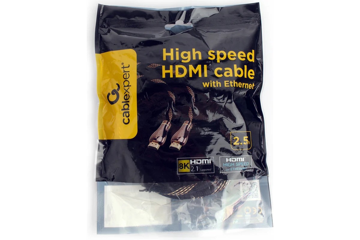 картинка Кабель HDMI Cablexpert CCP-HDMI8К-2.5M, 19M/ 19M, v2.1, 8К, медь, позол.разъемы, экран, оплетка, 2.5м, черный, пакет от магазина КомпьютерЦентр