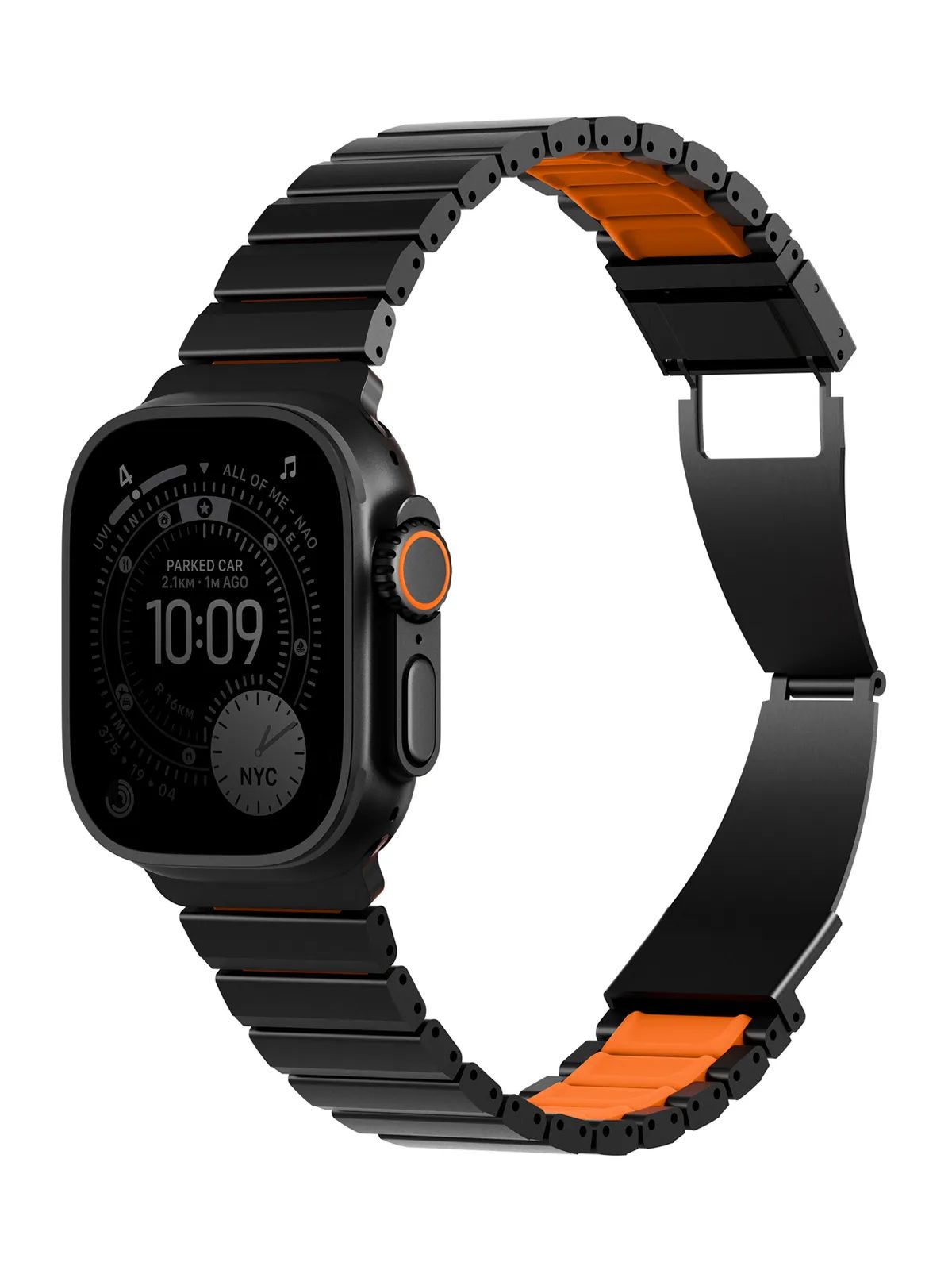 картинка Стальной ремень Uniq STROVA FLEX для Apple Watch 49/ 45/ 44/ 42, цвет черный/ оранжевый (MIDNIGHT BLACK/ VOLT ORANGE) от магазина КомпьютерЦентр