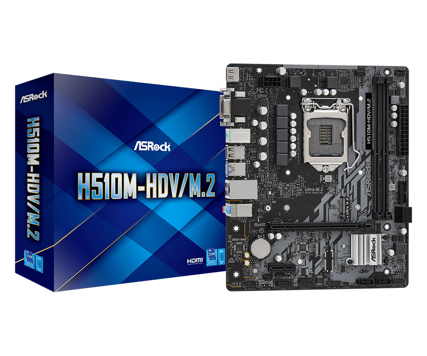 картинка Материнская плата Asrock H510M-HDV/ M.2 S1200; Intel H510; 2xDDR4, PCIe 4.0x16, PCIe 3.0x1, 4xSATA3, M.2, VGA, DVI, HDMI, mATX от магазина КомпьютерЦентр