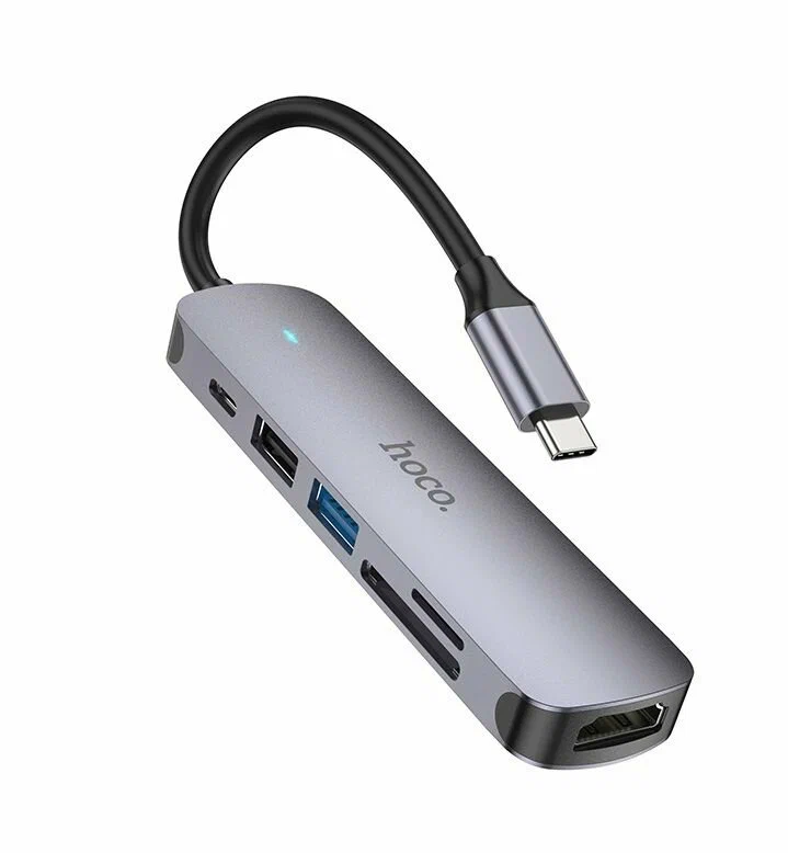 картинка HUB Hoco HB28 Type-C multi-function converter (HDTV + USB 3.0 + USB 2.0 + SD + TF +PD) Metal Gray от магазина КомпьютерЦентр