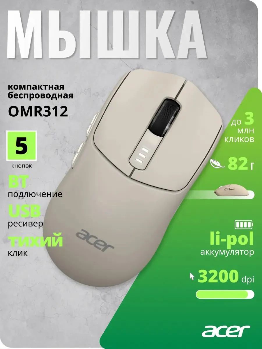 картинка Мышка Acer OMR312, беспроводная, бежевый (ZL.MCECC.037) от магазина КомпьютерЦентр