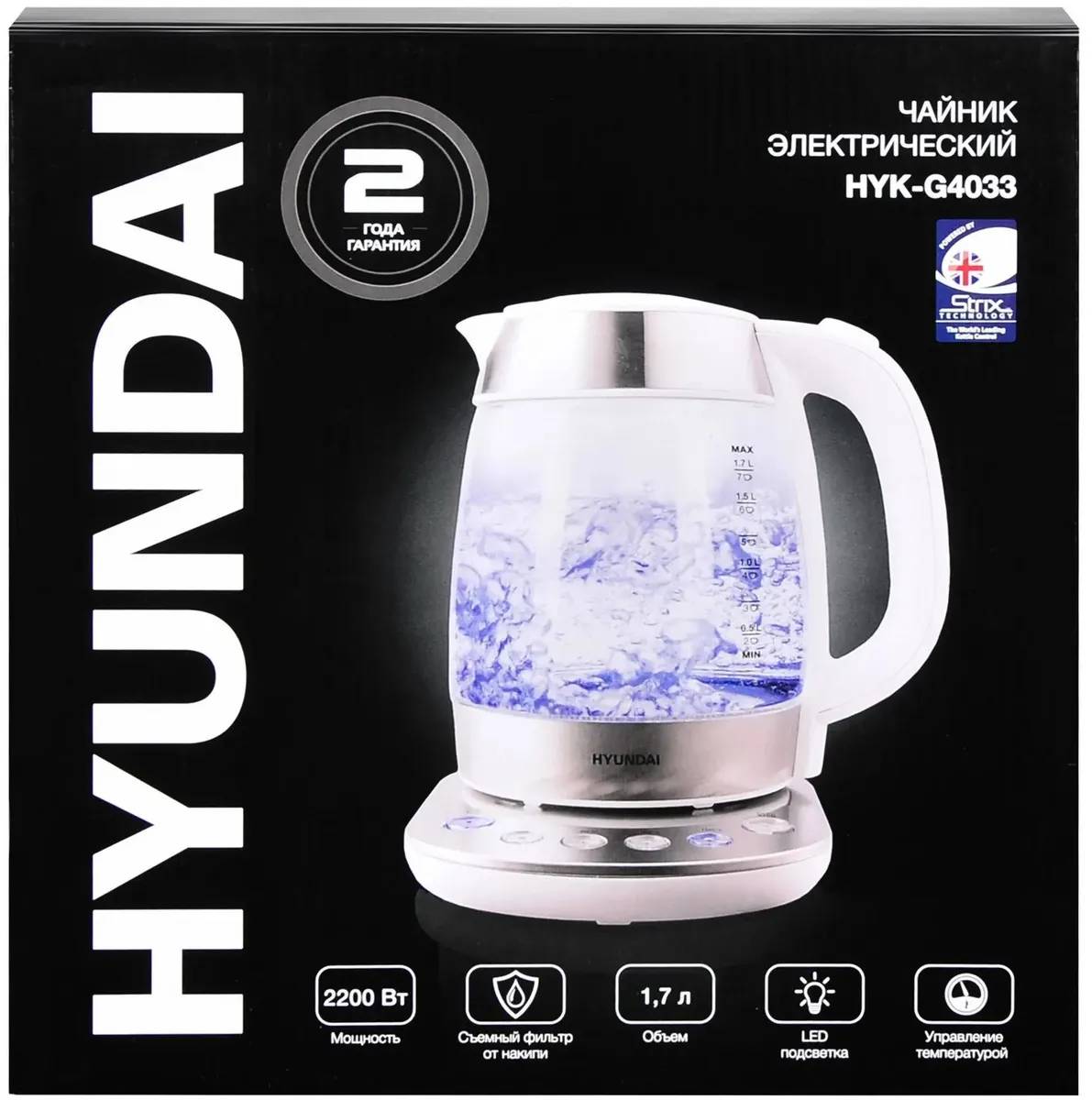 картинка Чайник электрический Hyundai HYK-G4033, белый/ серебристый (корпус: стекло) от магазина КомпьютерЦентр