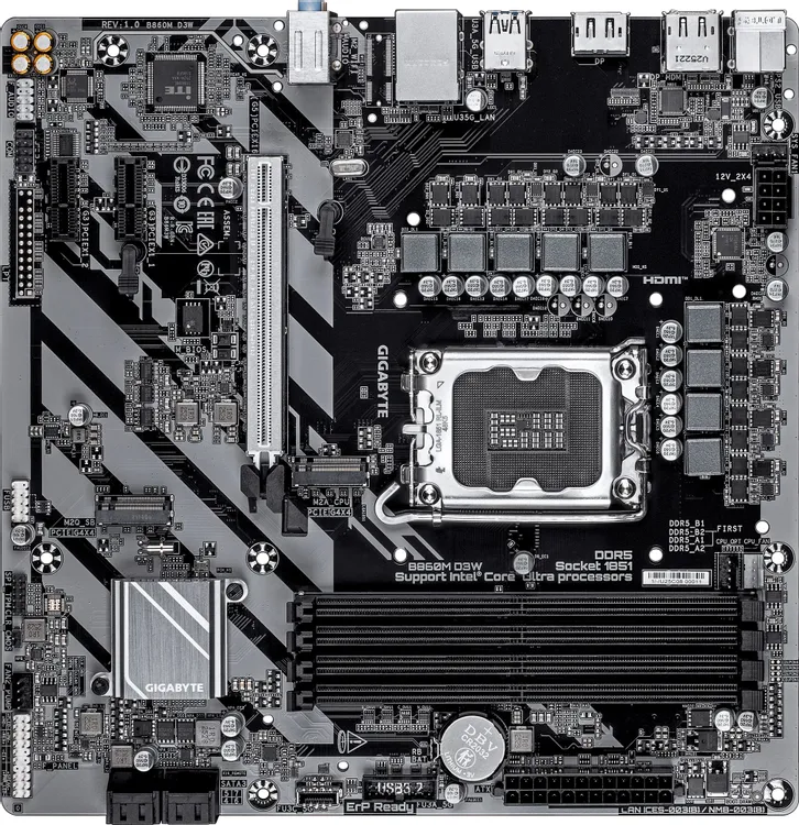 картинка Материнская плата Gigabyte B860M D3W Soc-1851 Intel B860 4xDDR5 mATX AC`97 8ch(7.1) GbLAN RAID+HDMI+DP от магазина КомпьютерЦентр