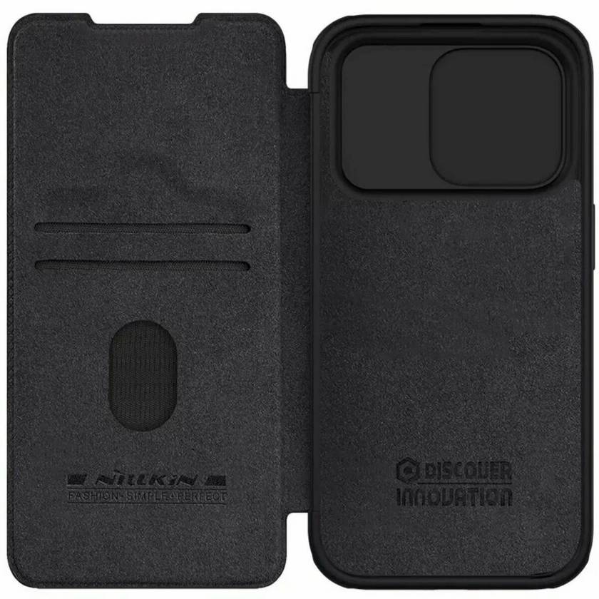 картинка Кожаный чехол-книжка Nillkin Leather Qin Pro c защитой камеры для iPhone 15 Pro (черный) от магазина КомпьютерЦентр