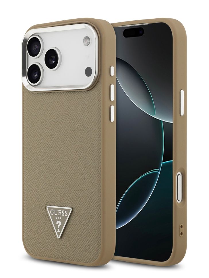 картинка Чехол Guess для iPhone 17 Pro Max PU Grained leather Triangle metal logo & Cam Hard Brown (MagSafe) (GUHMP17XPGTSPSW) от магазина КомпьютерЦентр