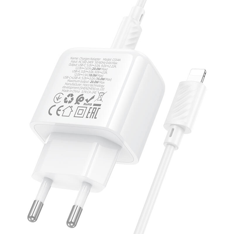 картинка СЗУ HOCO CS54A Surplus PD20W+QC3.0 charger set (C to iP) white от магазина КомпьютерЦентр
