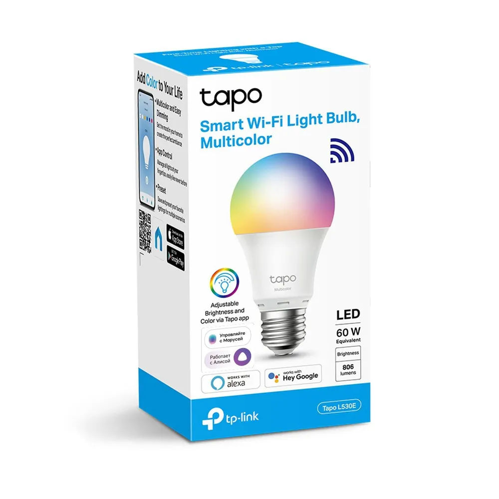 картинка Умная лампочка Tp-Link Tapo L530E (цоколь E27, 8 Вт, RGB, голосовой помощник, wi-fi) от магазина КомпьютерЦентр