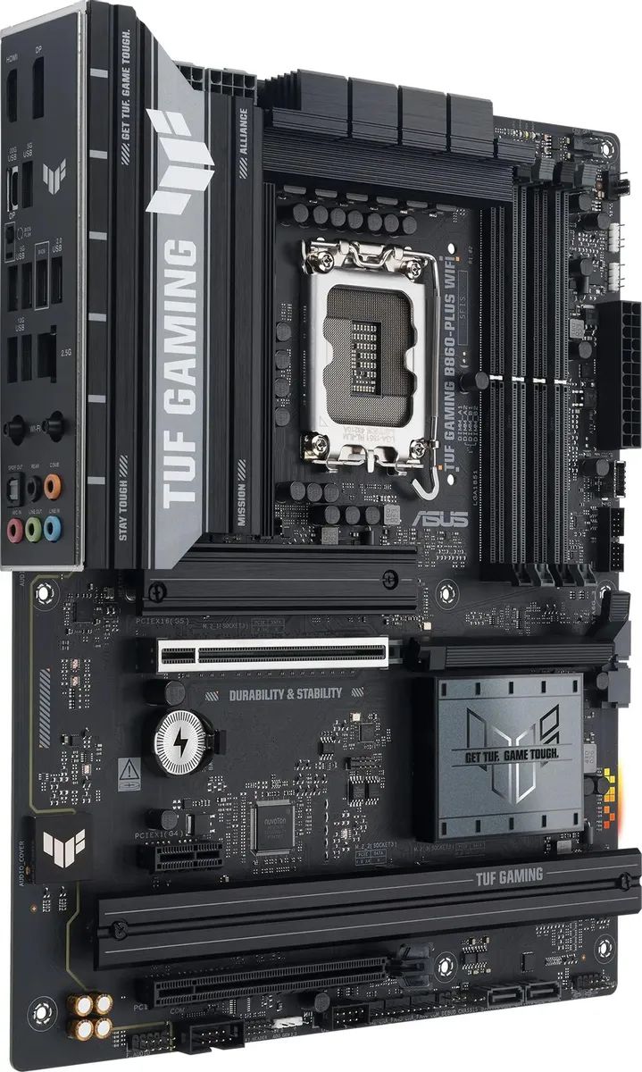 картинка Материнская плата ASUS TUF GAMING B860-PLUS WIFI LGA1851, Intel B860, 4xDDR5-6400 МГц, PCI-E 5.0 x16, PCI-E 4.0 x16, PCI-E x1, 3xM.2, Wi-Fi 7, BT 5.4, Standard-ATX от магазина КомпьютерЦентр
