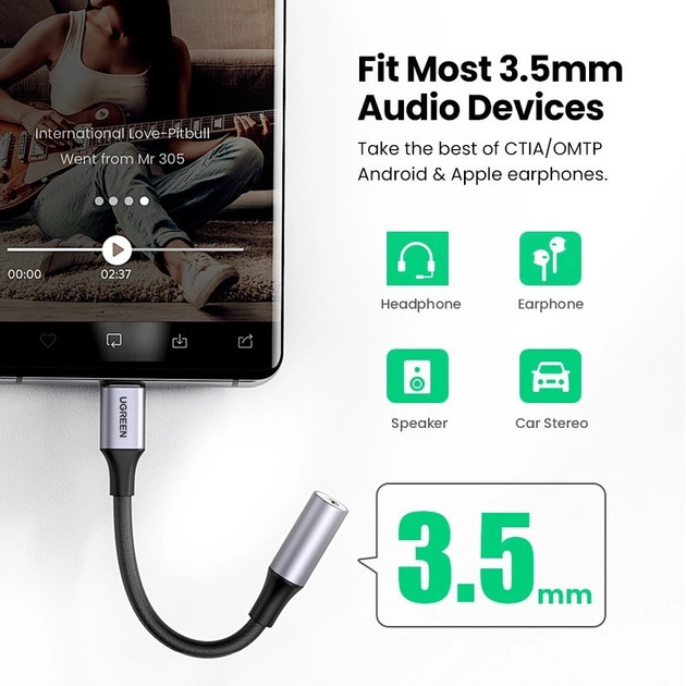 картинка Адаптер для наушников Ugreen USB Type-C (m)/  Jack 3.5(f) 0.1m 80154 от магазина КомпьютерЦентр