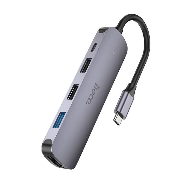 картинка USB HUB Hoco HB27 Type-C multi-function converter (HDTV+USB3.0+USB2.0*2+PD) metal gray от магазина КомпьютерЦентр