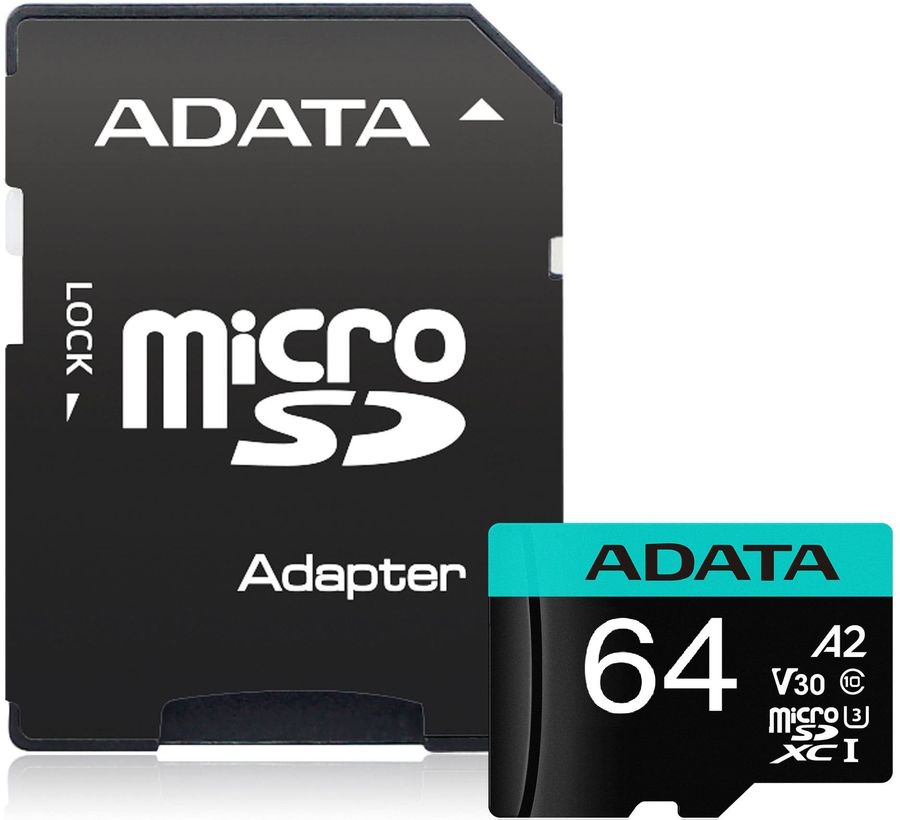 картинка Карта памяти 64Gb microSDXC A-Data, Class 10, Premier Pro + adapter (AUSDX64GUI3V30SA2-RA1) от магазина КомпьютерЦентр