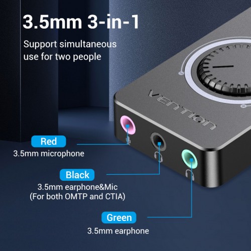картинка Звуковая карта Vention USB c регулятором громкости Внешняя Черная (CDRBB) от магазина КомпьютерЦентр