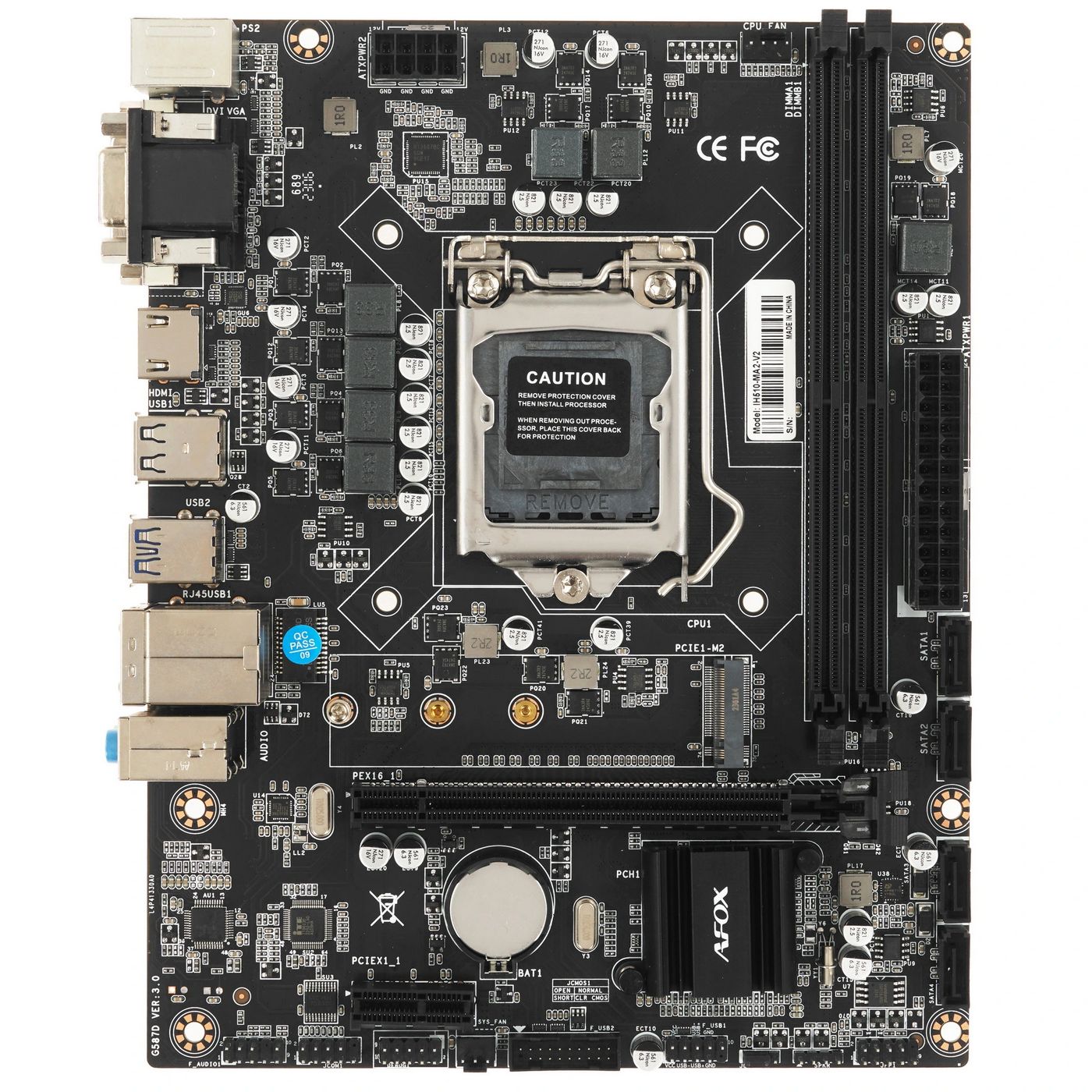 картинка Материнская плата AFOX IH510-MA2-V2 LGA 1200, Intel H510, 2xDDR4, 4xSATA, 1xM.2, 1xPCIe 4.0 x16, DVI, HDMI, VGA, 1x1Gb LAN, 3x3.5 мм, 5.1, microATX от магазина КомпьютерЦентр