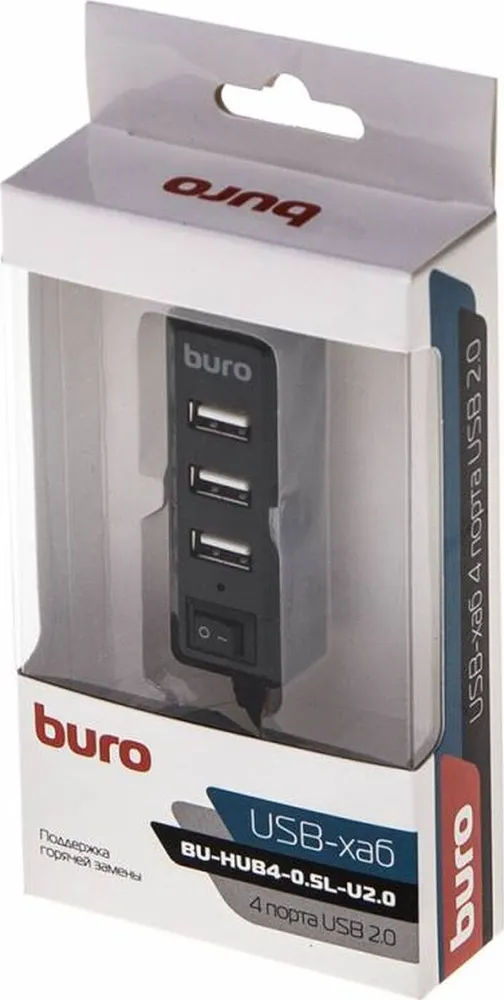 картинка HUB 4-port Buro BU-HUB4-0.5L-U2.0 USB2.0 Black от магазина КомпьютерЦентр