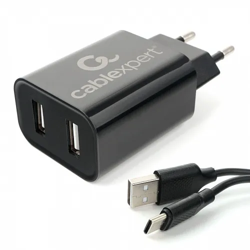 картинка Адаптер питания Cablexpert MP3A-PC-37 USB 2 порта, 2.4A, черный + кабель 1м Type-C от магазина КомпьютерЦентр