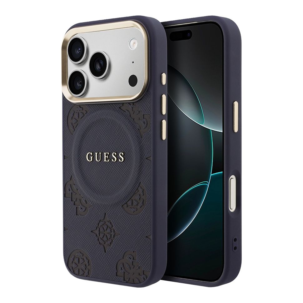картинка Чехол Guess для iPhone 17 Pro PU Saffiano Peony Metal logo Gold camera Hard Blue (MagSafe) от магазина КомпьютерЦентр