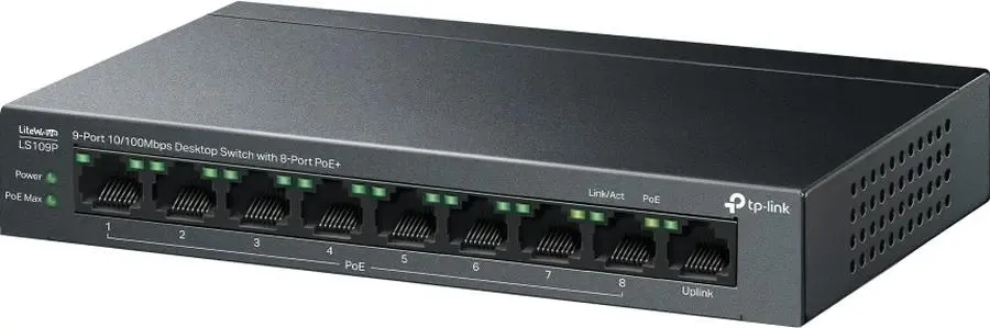 картинка Switch 9-port TP-Link LS109P с 9 портами 10/ 100 Мбит/ с (8 портов PoE+) настольный от магазина КомпьютерЦентр