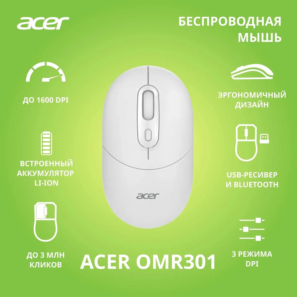 картинка Мышка Acer OMR301 беспроводная, белый (ZL.MCECC.01U) от магазина КомпьютерЦентр