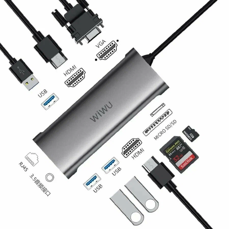 картинка HUB WiWU Alpha 11 in 1 Type-C to 3 x USB 3.0 + USB 2.0 + Type-C + RJ45 + HDMI + VGA + AUX 3,5mm + Cardreader Adapter Grey от магазина КомпьютерЦентр